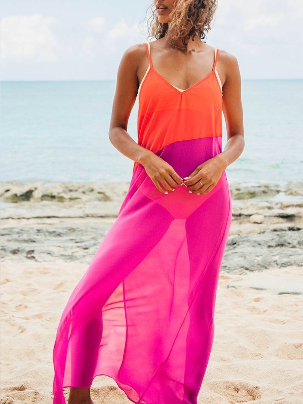 Lulus Seaside Retreat Color Blocking Side Slit Sheer Maxi Beach Cover Size Small